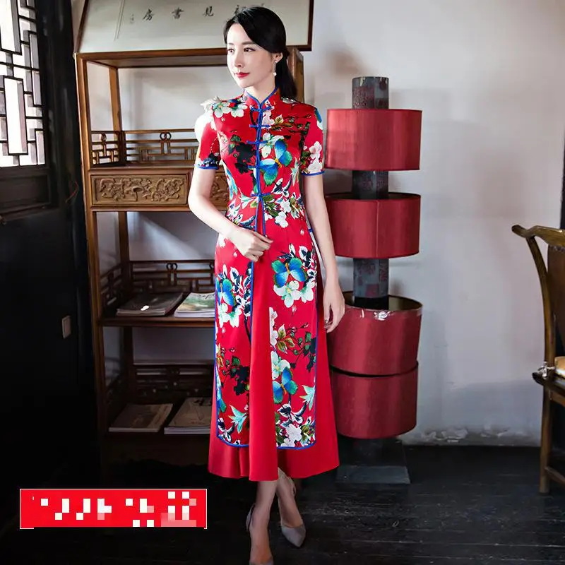 Элегантное китайское традиционное Qipao Восточное женское сексуальное свадебное платье атласное Cheongsam большого размера 3xl 4xl с цветочным принтом Vestidos - Цвет: Red A