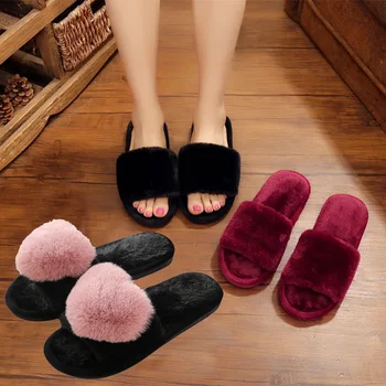 

Hairy cotton slippers women winter living room wooden floor confinement shoes plush drag love carafe slippers women