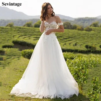 

Sevintage Off Shoulder Wedding Dress Princess Appliques Lace Boho Bridal Gowns Simple Tulle Open Back Sweep Train Bride Dress