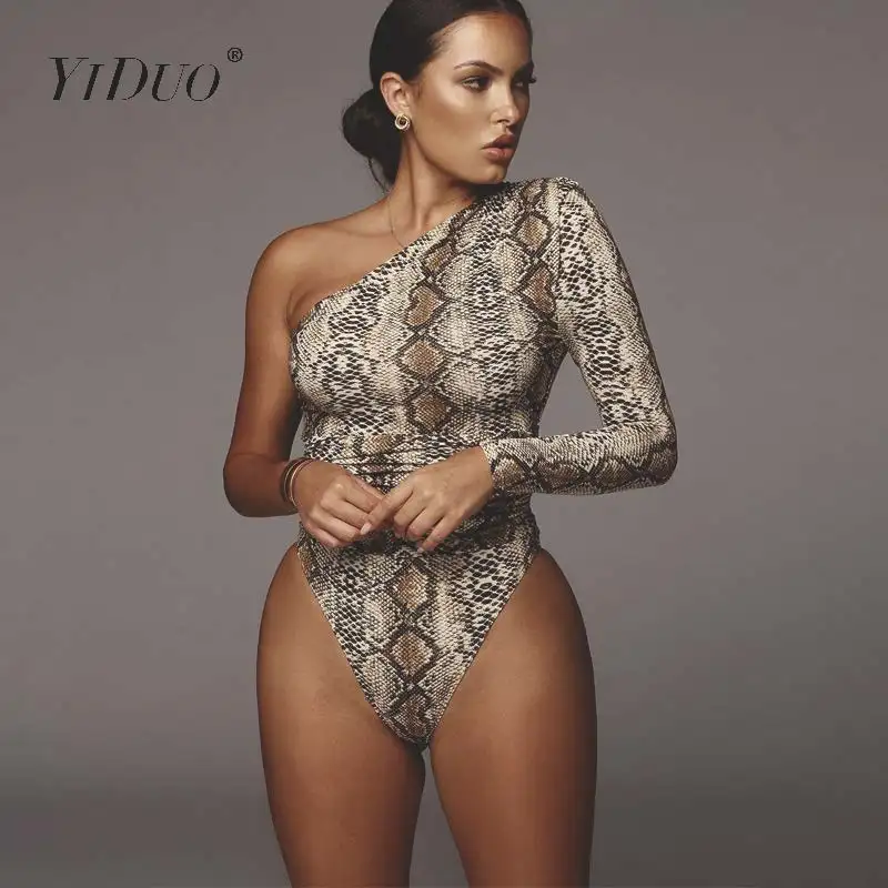 YiDuo One Shoulder Fashion Snake Print Sexy Bodysuits Short Romper Womens Jumpsuit Slim Long Sleeve Female Leopard Body Mujer white body suit Bodysuits