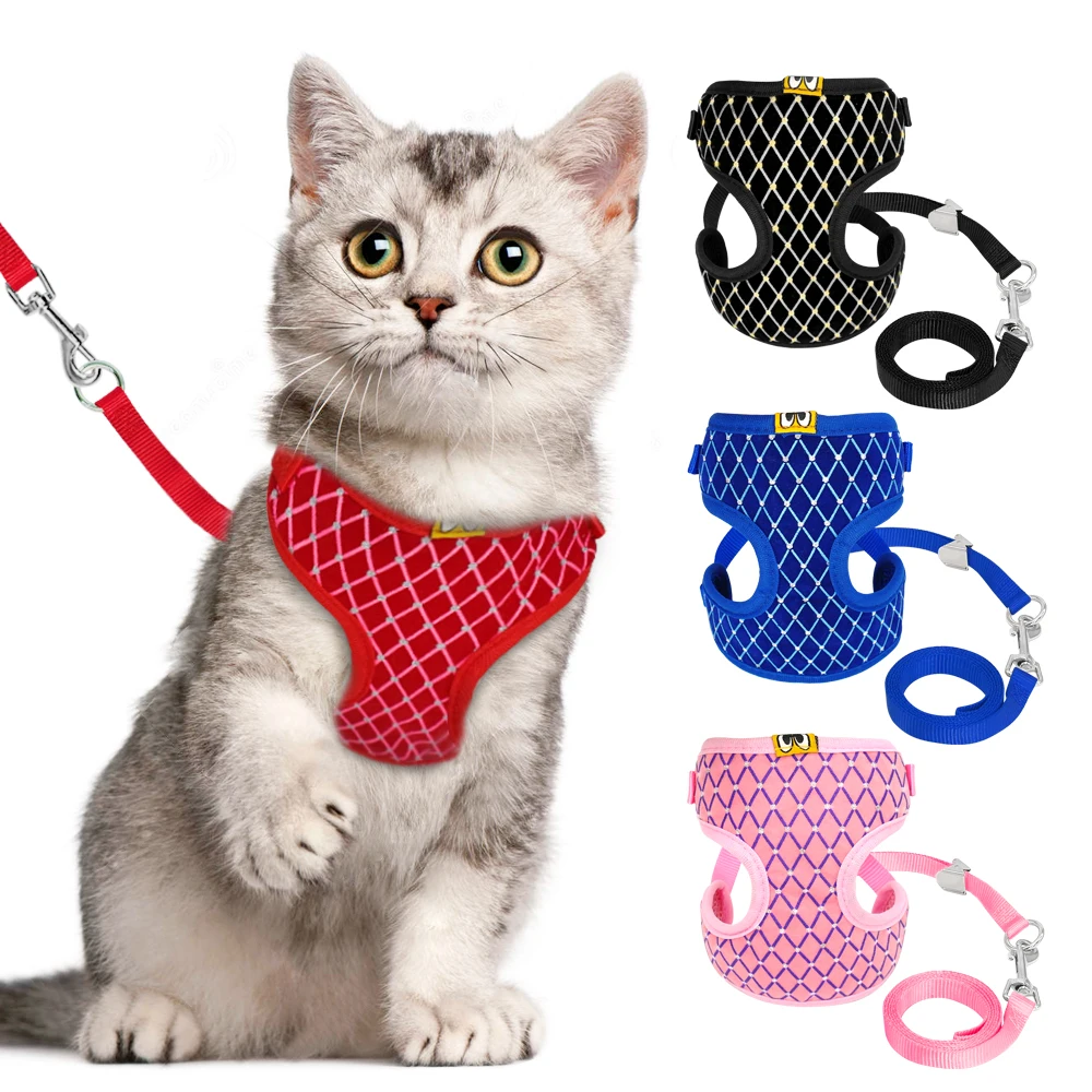 

Mesh Cat Harness and Leash Set Rhinestone Breathable Cat Collar Harnesses Vest Pet Traction for Small Medium Dog Cat Puppy
