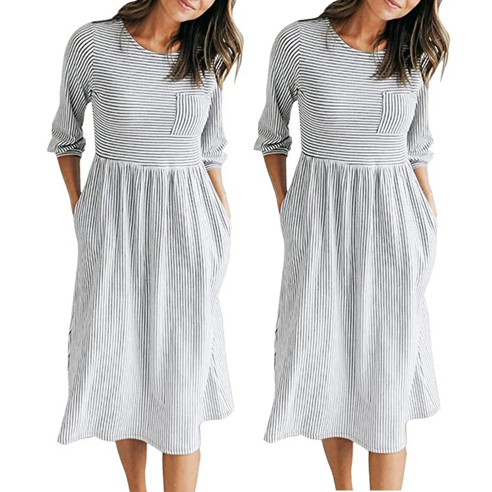 Женские платья, женское платье, vestidos, женские 3/4, рукав-шар, в полоску, высокая талия, миди, ТРАПЕЦИЕВИДНОЕ ПЛАТЬЕ с карманами
