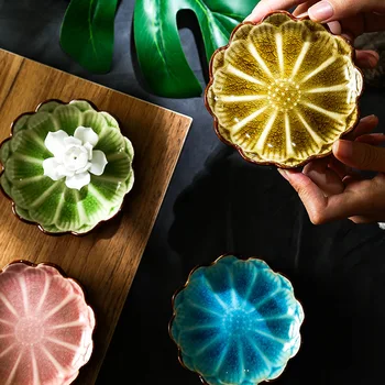 

Japanese Crack Saucers Ceramic Leaf Flower Shape Colorful Porcelain Sauce Saucer Household Restaurant Saucers