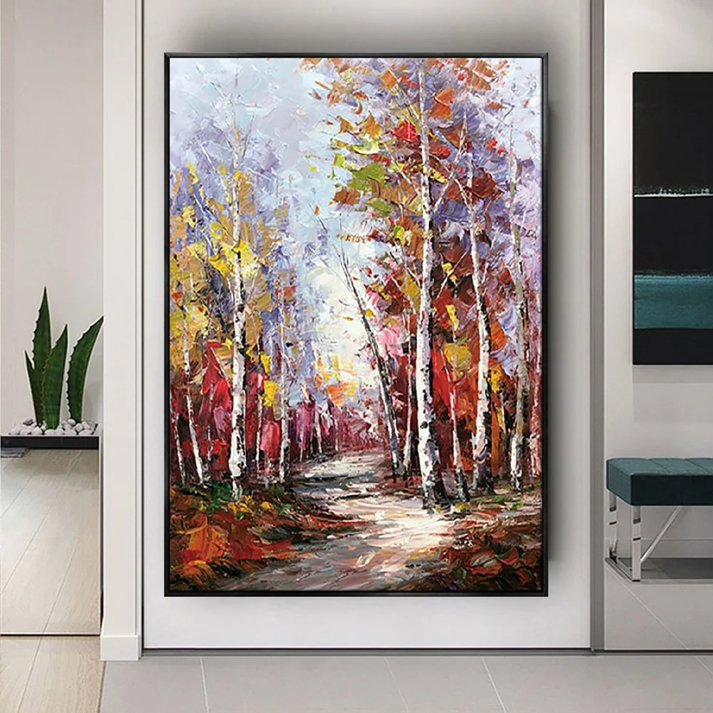 

Hand-Painted Landscape Oil Painting Abstract Knife Drawing Canvas Poster Birch Tree Art Picture Modern Home Living Room Decor