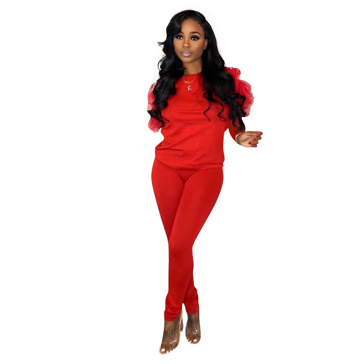Puff Sleeve Lace Chiffon Top Ruffle Leather Pu Flare Pants Sets Clubwear Echoine Women Two Piece Outfits Clothing Shoes Jewelry Clothing Fcteutonia05 De