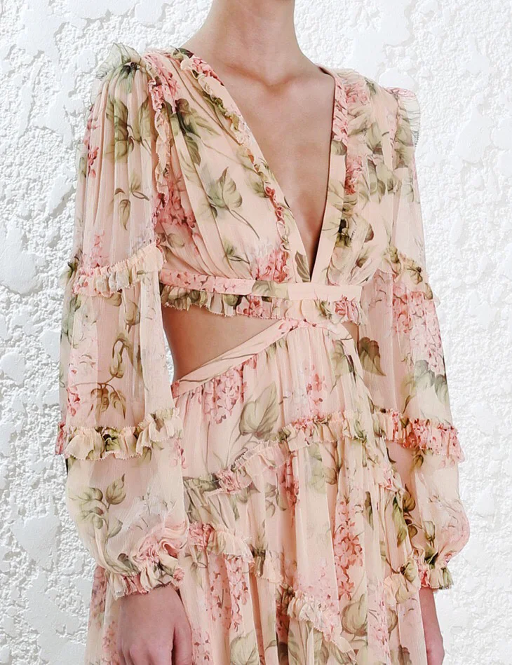BACKFLY Sexy Deep V-neck Mini dress women Back strap Printed Long sleeve dress woman seaside holiday summer dresses robe