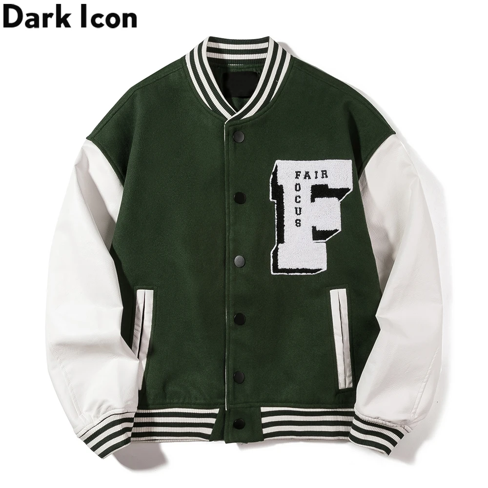 Dark Icon Embroidery Baseball Jacket Men Leather Patchwork High Street  Men's Jackets Black Green