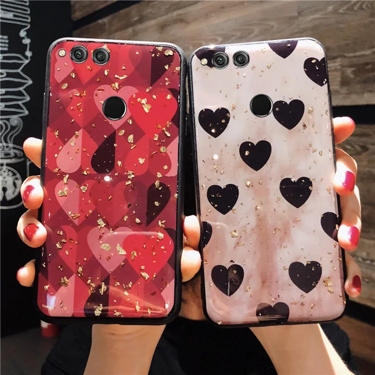 

For Huawei Honor 20S 20i 20 Pro 10i 10 9 Lite 9X Pro 8X Max 8C 7X 7C 6X View 20 10 9 V20 v10 v9 Honor Play Note 10 Gold Foil shiny Epoxy Glitter Fashion Heart pattern Phone Cover Cases