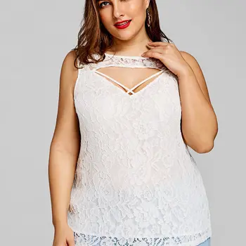 

Plus size women's clothing fat ladies fashion sleeveless round neck lace shirt solid color plus size women's clothing top