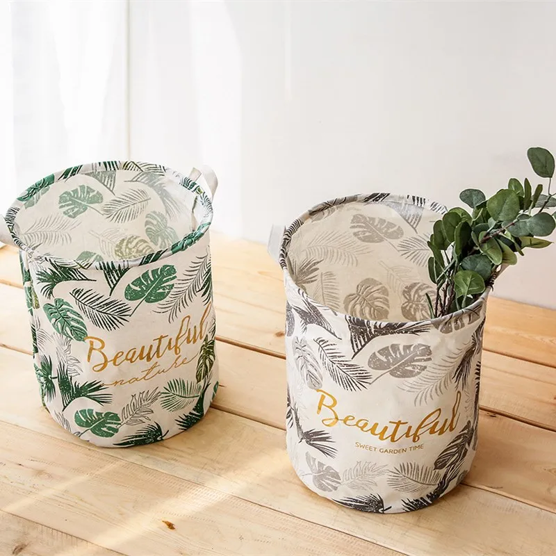 1 шт. корзина для белья из хлопка и льна с зелеными листьями|Корзины хранения| |