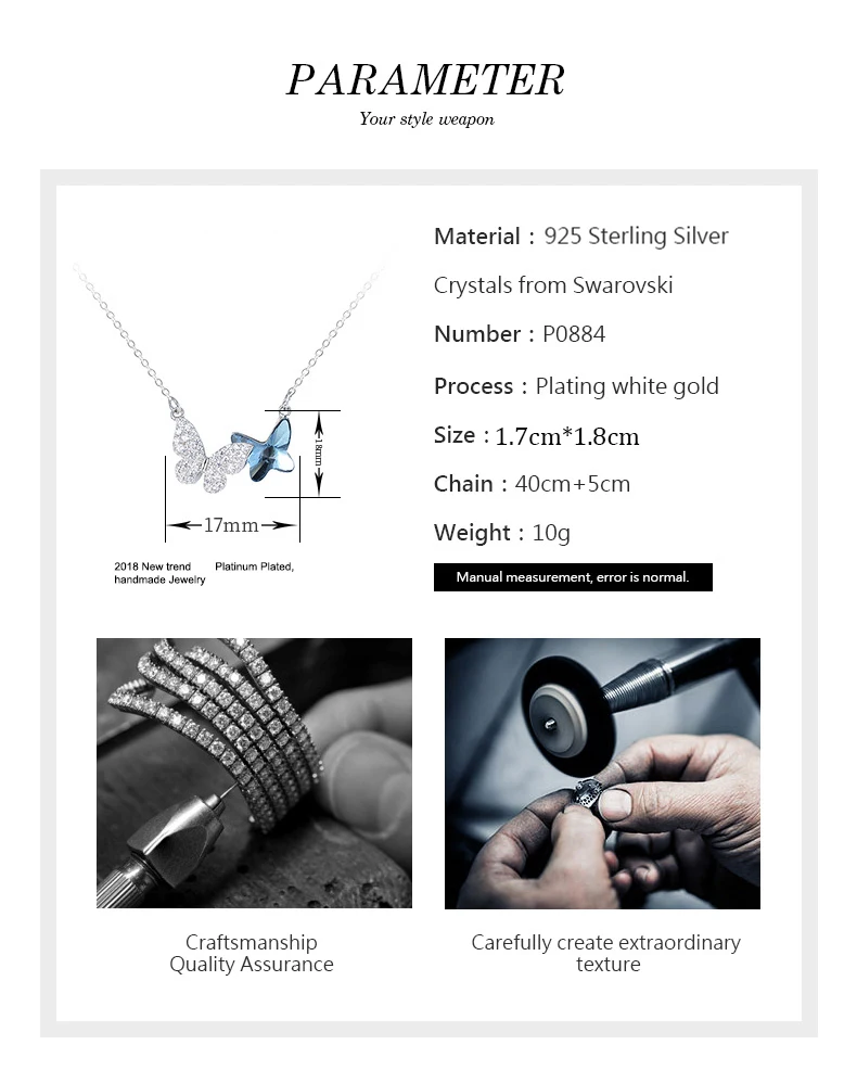 BOSCEN 925 пробы Серебряное ожерелье с подвеской для женщин подарок на день рождения украшенное кристаллами Swarovski голубая бабочка