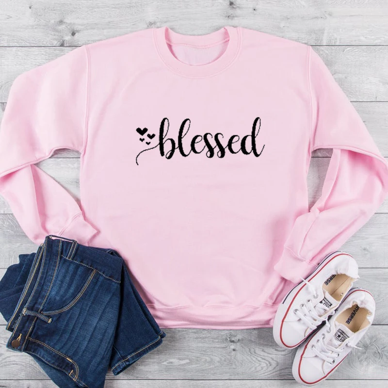 ZBBRDD с надписью Blessed, хлопковая Женская толстовка, модный Забавный свитер с круглым вырезом, Женский пуловер размера плюс, длинный рукав, Женский Топ, рубашка