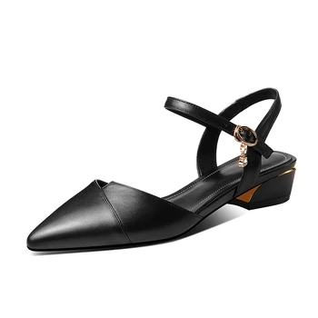 

Cow Leather Women Summer Sandals Heels Buckle Pointed Toe Gladiator Sandals Beach Dress Shoes Comfortable Ladies