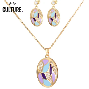 

Fine Costume Enamel Colorful Jewelry Sets For Women Elegant Necklace Pendant Earrings Anniversary Gift