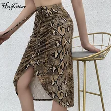Hugcitar high waist snakeskin ruched sexy midi skirt autumn winter women streetwear outfits bodycon clubwear