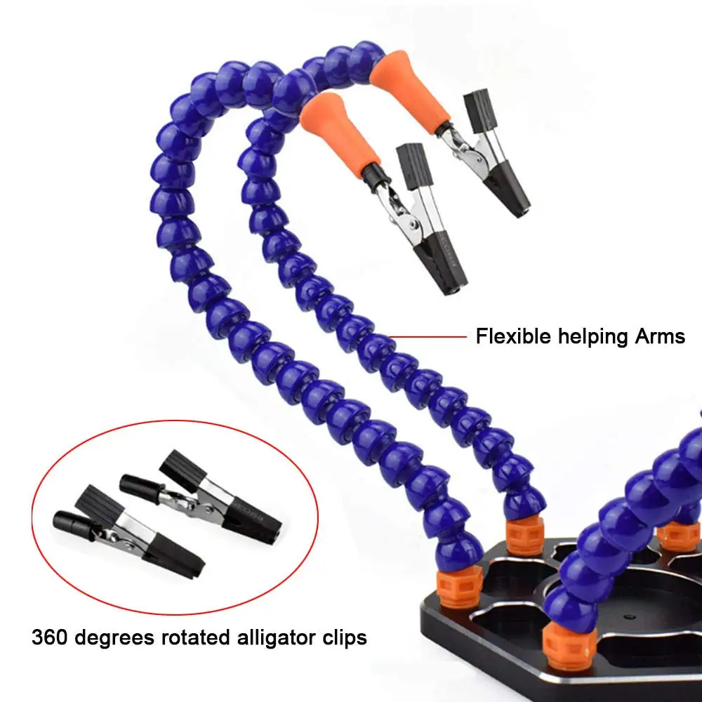 Magnifying USB Flashlight Soldering Station Third Helping Hand Holder Multi Welding Hand Tools with 6 Flexible Arms Black/Blue