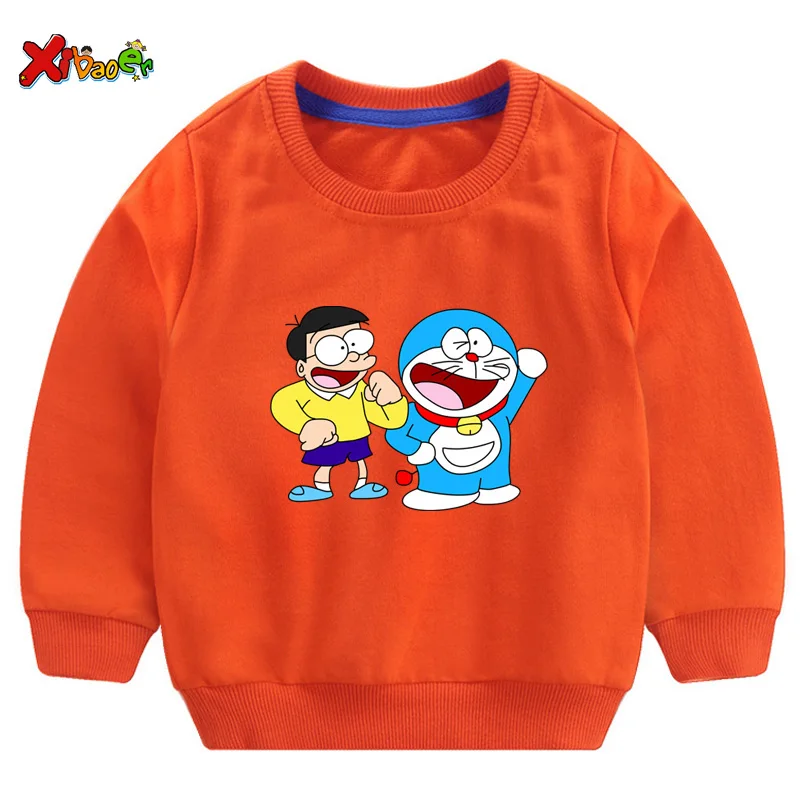 Doraemon/толстовки с капюшоном; детская хлопковая одежда для маленьких девочек; сезон весна-осень; детские топы с капюшоном; свитер с длинными рукавами для мальчиков - Цвет: sweatshirt orange
