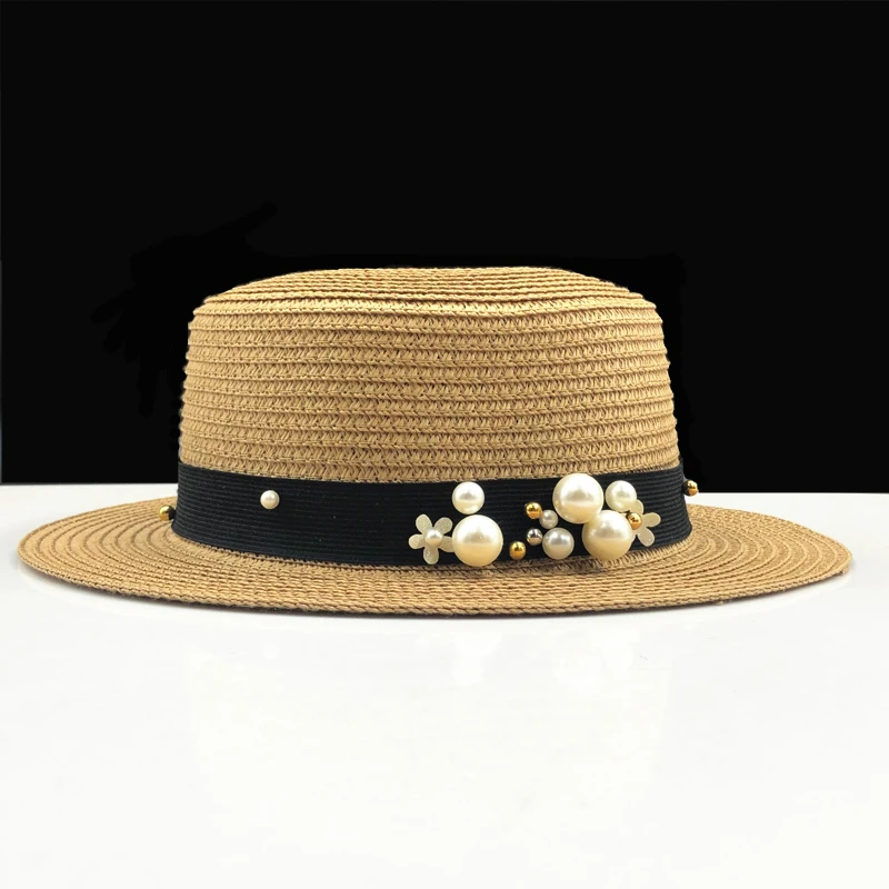 Шляпа от солнца для родителей и детей, милые детские шляпы от солнца с жемчугом и бантом, ручная работа, женская соломенная шляпа, пляжная шляпа с большими полями, Повседневная летняя шапка для девочек, c-1