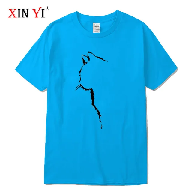 XINYI Men's T-shirt Top Quality 100% cotton short sleeve cool cat print casual loose men t shirt o-neck t-shirt men tee shirts Linght blue-2018312