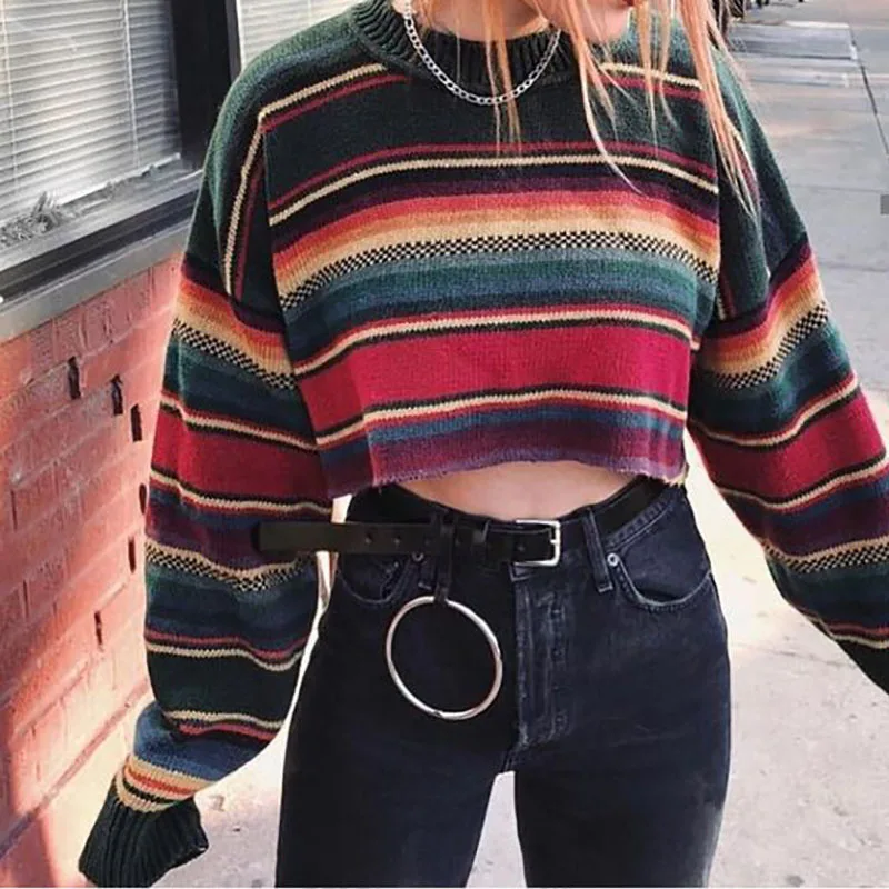 

Short Sweaters for Women Rainbow Stripes Fashion Cropped Jumpers Knitwear Autumn Fashion Solid Pullover Female Basic Sweater