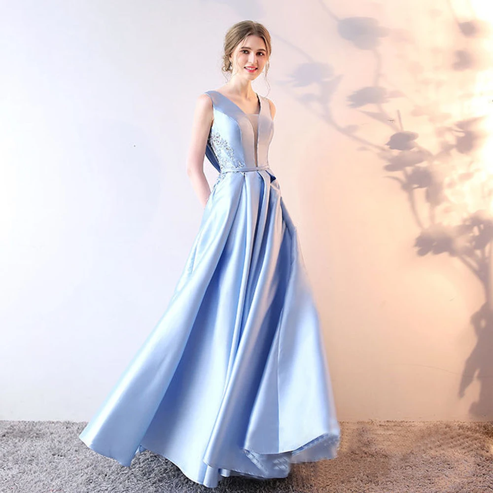 Long Evening Dress Sky Blue Lace Sleeveless V-Neck Backless Sexy Formal Fashion Women Prom Gown Dresses Robe De Soiree Vestidos | Свадьбы и