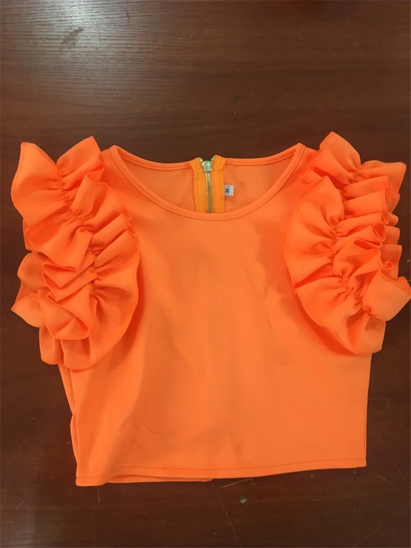 DEAT Summer Sexy Short Petal Sleeve Orange Dew Navel T Shirt Elastic Ruffles Mini Skirt Two Piece Set Women Outfits MG445