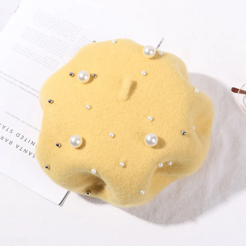 yellow 1 шт. Новая мода осень зима карамельный цвет регулируемый берет шляпа художника шапка жемчужное Бисероплетение утолщенная теплая французская плоская шляпа - Цвет: yellow