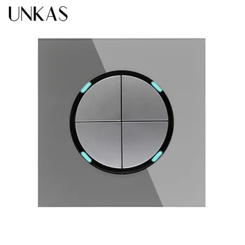 

UNKAS New Arrival Crystal Glass Panel 4 Gang 1 Way Gray Random Click On / Off Wall Light Switch With LED Indicator