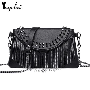 

British Fashion Simple Small Square Bag Ladies Handbag 2019 High Quality Leather Rivet Tassel Chain Shoulder Bag Messenger Bag