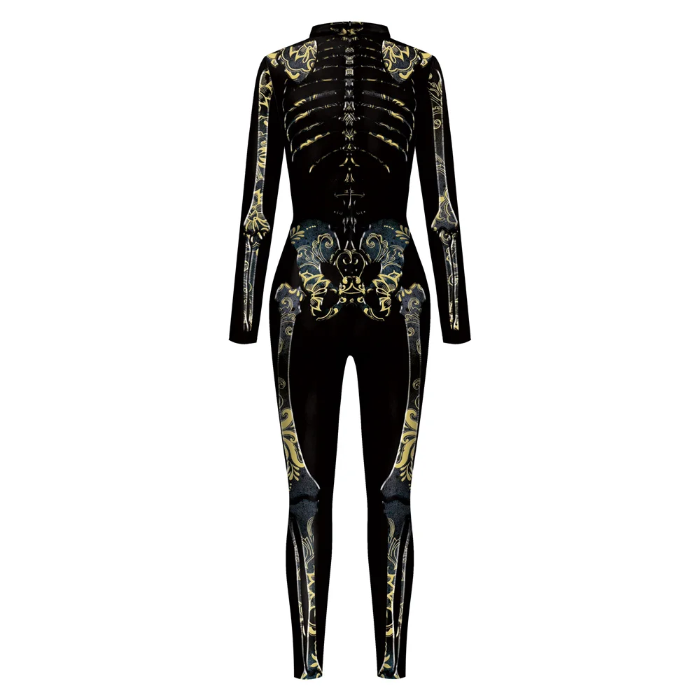 FCCEXIO Adult Halloween Cosplay Costumes Skeleton 3D Printing Bodysuits Women Sexy Slim Elastic Jumpsuit Long Sleeve Catsuit