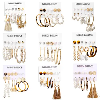 

VAGZEB Vintage Big Gold Circle Hoop Earrings For Women Clip on Earrings Eye Pearl Heart Earring Set Brincos Statement Jewelry