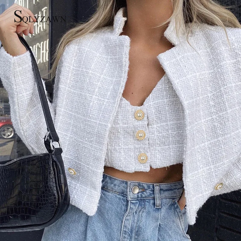 Greatest  Pearl Button Tweed White Plaid Cropped Jacket Women Vintage Mujer Office Wear Elegant Wool Coat Win