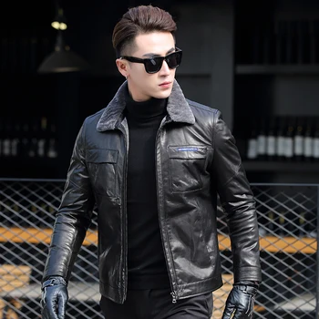 

2019 New Men Leather Jackets Real Wool Fur Liner Coat Slim Sheepskin Natural Wool Fur Liner Lapel Fashion Men Clothes