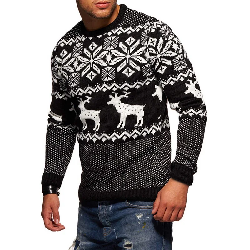 

DIHOPE Mens Causal Sweaters Christmas Pullover O Neck Deer Printed Autumn Winter Knitted Jumper Sweaters Slim Male Clothes