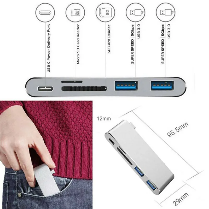 Basix usb type C концентратор с зарядка PD порт, 2 USB 3,0 порта и SD/Micro SD TF кардридер для MacBook huawei P20 USB-C концентратор