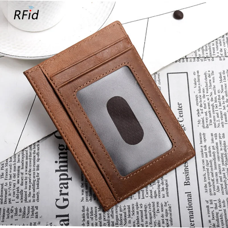 RFID натуральная кожа легко нажимать визитница мужской воск масло Винтажный Плоский широкий плюс размер бумажник для документов прозрачный Wndow чехол - Цвет: brown