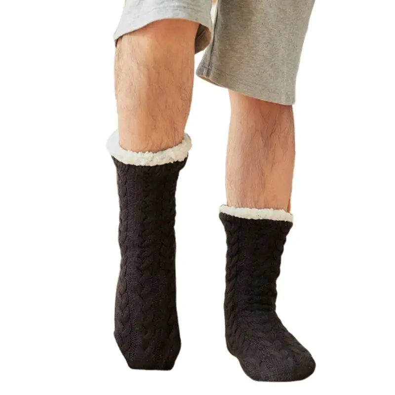 Мужские зимние теплые пушистые носки-тапочки, вязаные однотонные чулочно-носочные изделия с плюшевой подкладкой - Цвет: Черный