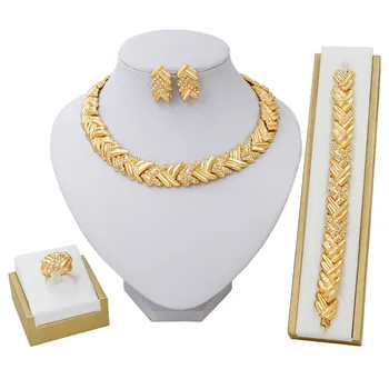 

AWEENA African Jewelry Set Wedding Party Crystal Necklace Bracelet Ring Earring Bridal Dubai Gold Jewelry Sets Women Fashion