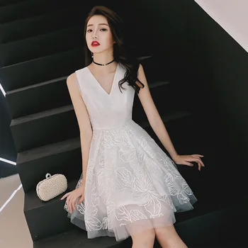 

White V-Neck Short Party Dress Gown Womens Embroidery Sleeveless Mini Evening Cheongsam Elegant Prom Qipao Retro Vestido XS-XXL