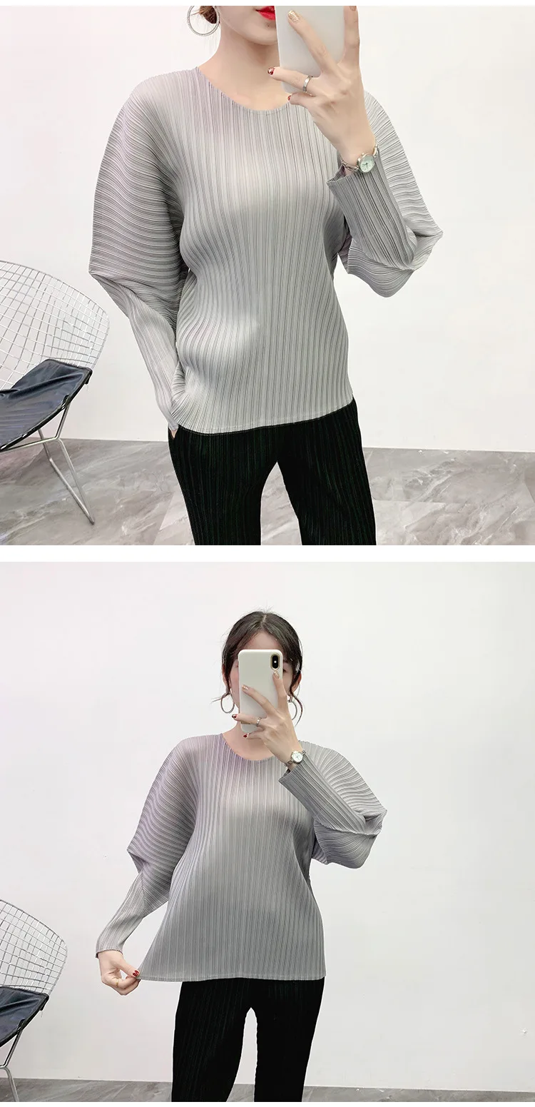 Японский стиль Miyake, классические топы, женская мода, новинка, зима, круглый вырез, рукав-фонарик, одноцветная футболка, плиссированная, высокое качество, рубашка