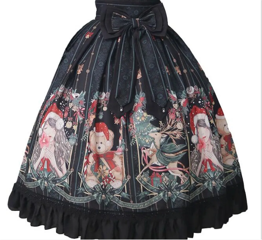 Рождественское платье с милым принтом и высокой талией; юбка в стиле Лолиты; гофрированная длинная юбка; B409