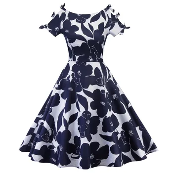 

Retro Floral Print Women Vintage Dress Summer Round Neck BowKnot Shoer Sleeves A-Line Dress Elegant Pin up Party Dresses Cotton