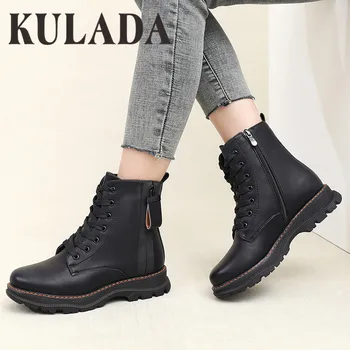 

KULADA Lace-up Black Ankle Boots Women Autumn Winter Zipper Low Heels Boots Women Warm Fur Motorcycle Boots Waterproof Botas