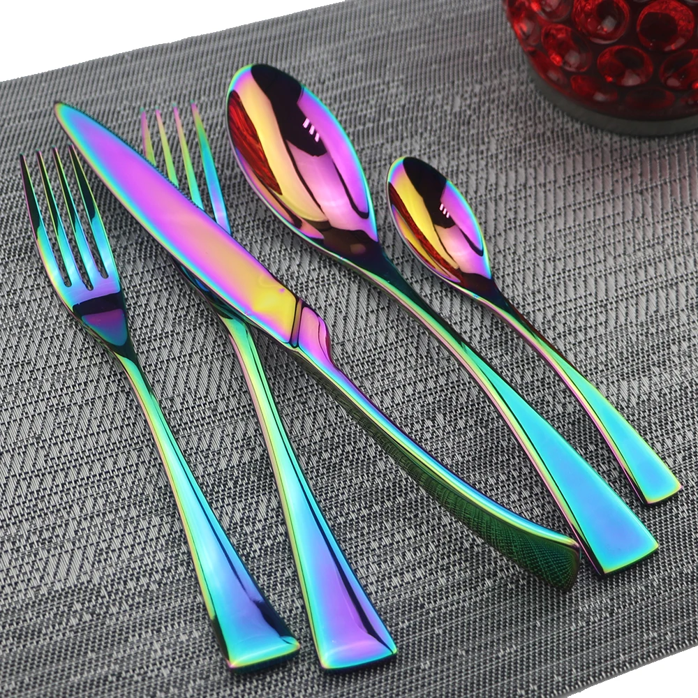 

Rainbow 5Pc/Set Portable Reusable Cutlery Dinnerware Set Knife Fork Spoon Dessert Fork Teaspoon Set Stainless Steel Dropshipping