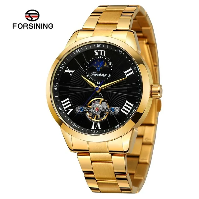 FORSINING Relogio Masculino модные классические автоматические механические часы мужские часы из нержавеющей стали с турбийоном и фазой Луны наручные часы - Цвет: gold black