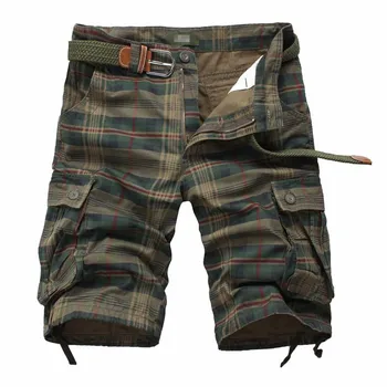 

Men Fashion Plaid Beach Shorts Mens Casual Knee Length Cargo Shorts Pants Multi Pockets Streetwear Shorts