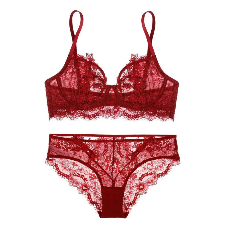 Sexy Lace Ultra Thin Bra with Push Up Embroidery Bra Sets Hollow Transparent Underwear Set Women Lingerie Big Size A B C D Cup