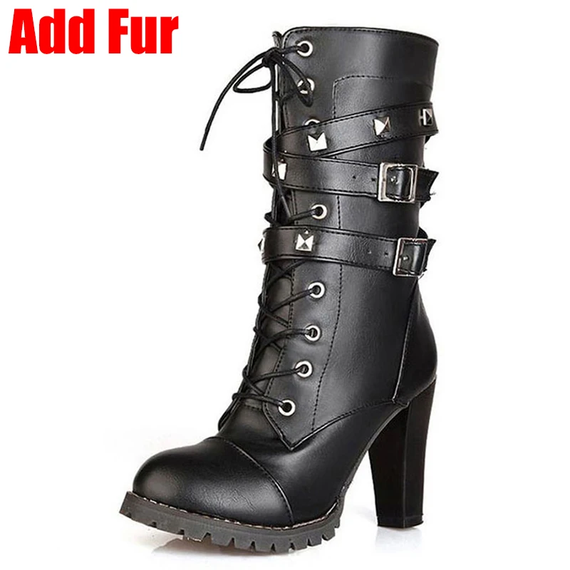 ALLENLYNN/женские мотоциклетные ботинки; ботильоны в западном стиле; женская обувь; женские осенние ботинки на высоком каблуке с пряжкой; Размеры 33-48 - Цвет: black add fur 1
