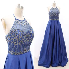 MACloth Синий A-Line Холтер длиной до пола Длинные Бисероплетение Тюль Выпускные платья платье м 268152 распродажа