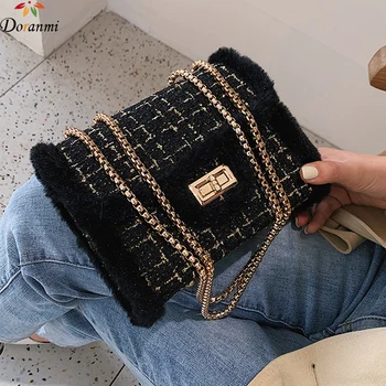 

DORANMI Soft Fur Bags For Women 2019 Plaid Shoulder Bag Messenger Female Flap Bag Autumn Square Crossbody Bag Bolso Mujer CBB353